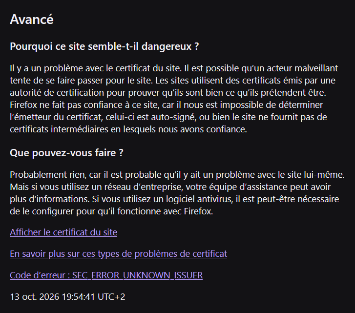 Capture d'écran de Firefox, détail avancé : erreur de certificat SEC_ERROR_UNKNOWN_ISSUER